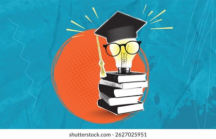 Trendy halftone art collage. A head with a stack of books and a light bulb as a metaphor for a new idea.