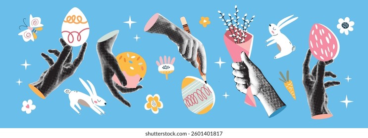 Trendy halftone art collage. A set featuring human hands and Easter elements such as bunnies, eggs, and flowers. Includes Easter sweets and an egg hunt theme. Vector y2k pop art illustration.