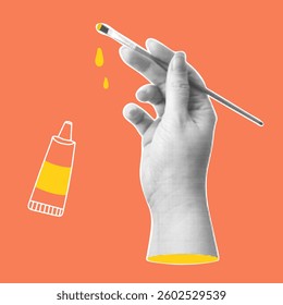 Trendy halftone banner with hand holding brush with paint. Modern retro style. Contemporary collage for design template. Art, creativity, inspiration concept. Vector illustration.