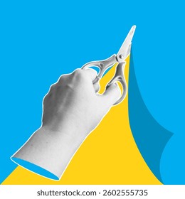 Trendy halftone banner with hand holding scissors and cutting paper. Modern retro style. Contemporary collage for design template. Creativity concept. Vector illustration.
