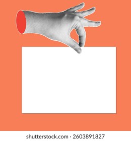Trendy halftone banner with hand holding empty sheet of paper. Place for your text. Modern retro style.Contemporary collage for design template. Vector illustration