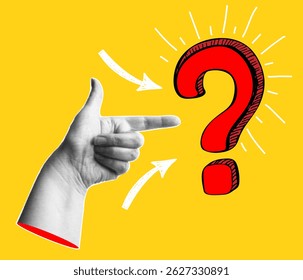 Trendy halftone banner with human hand point to question mark. Query FAQ concept, finding answer.  Modern retro style. Contemporary collage for design template. Vector illustration
