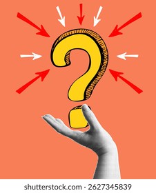 Trendy halftone banner with human hand holding question mark. Query FAQ concept, finding answer.  Modern retro style. Contemporary collage for design template. Vector illustration
