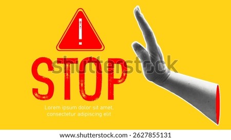 Trendy halftone banner with human hand showing stop sign. Stop gesture. Modern retro style. Contemporary collage for design template. Vector illustration
