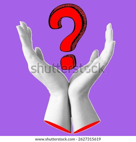 Trendy halftone banner with human hands holding question mark. Query FAQ concept, finding answer.  Modern retro style. Contemporary collage for design template. Vector illustration