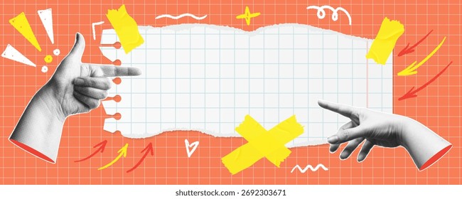 Um banner moderno de meio-tom com mãos apontadas e parte vazia de uma folha de papel rasgada. Espaço para o texto. Uma colagem criativa em estilo Y2K para mídias sociais, cartões postais e publicidade