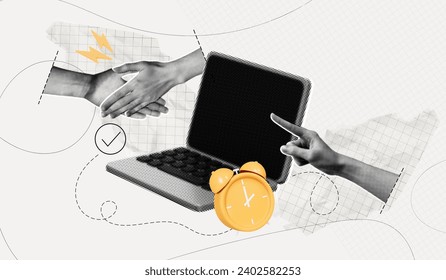 Trendy Halftone Business Collage. Get good deal and partnership concept. Computer laptop with handshakes and alarm clock. Time to startup. Career training. Contemporary vector illustration art