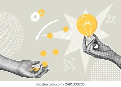 Trendy halftone business concept collage. Idea concept, financial profit. Trendy modern retro illustration. Business concept, financial planning. 