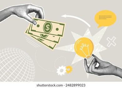 Trendy halftone business concept collage. Idea concept, favorable conditions, financial profit. Trendy modern retro illustration. Business concept, financial planning. 