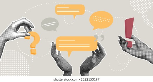 Trendy halftone business concept collage. Vector illustration of right considered decision, writing, discussion, teamwork, contacts. Creative concepts for web banner, social media, business