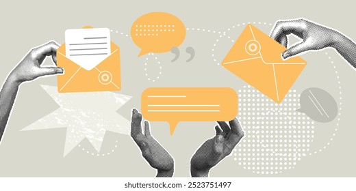 Trendy halftone business concept collage. Vector illustration of email marketing, mailing, communication, letter, discussion, teamwork, contacts. Vector illustration of business, contract approval