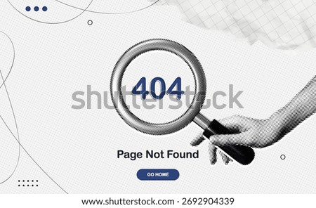 Trendy Halftone Collage 404 error. Page not found. Hand with magnifying glass looking for technical problem. System error, broken page. Contemporary vector illustration art
