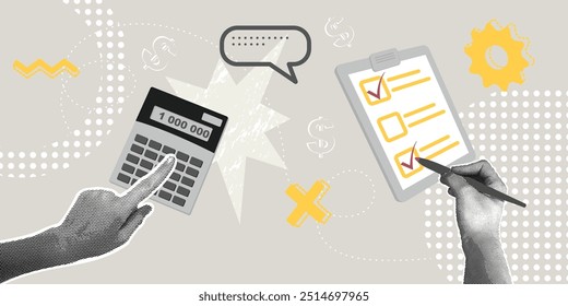 Trendy Halftone Collage. Rechnungslegungskonzept, Zusammenfassung, Analyse, Geschäftsentwicklung, Optimierung.Illustrationen für Webbanner, Social Media, Geschäftspräsentationen