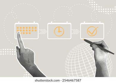 Trendy halftone collage. Agenda concept, changes, meeting appointment, information. Make changes to the day's agenda, reconcile the day's schedule, mark completed to-do's. Illustration for