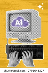Trendy Halftone Collage of AI Cloud Computing with Computer Monitor, Keyboard, and Typing Hands Illustration