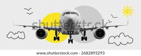 Trendy Halftone Collage of airplanes for vacations design. International travel vector. Contemporary vector art illustration with position elements.