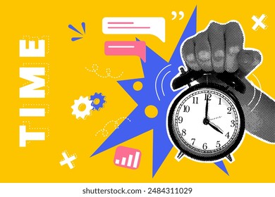 Trendy halftone collage. Alarm clock in hand, growth time, success concept.Business concept, achievement, success,career takeoff.Business concept, concept of banner with sale. Vector illustration