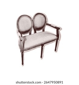 Trendy halftone collage of antique loveseat cut out an old newspaper. Isolated vector illustration grayscale retro sticker with Bitmap and Dots texture. Vintage aesthetic, 90s vibe, nostalgic