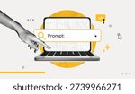 Trendy Halftone Collage Artificial intelligence and digital technology. Hand writes a prompt for AI on laptop. AI powered search engine. Generate content. Contemporary vector illustration art