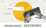 Trendy Halftone Collage Artificial intelligence and digital technology. Hands typing promt on keyboard. AI powered search engine. Generate content. Contemporary vector illustration art