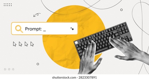 Trendy Halftone Collage Artificial intelligence and digital technology. Hands typing promt on keyboard. AI powered search engine. Generate content. Contemporary vector illustration art
