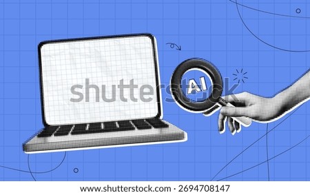 Trendy Halftone Collage Artificial intelligence and digital technology. Hand holding magnifying glass on laptop screen. AI powered search engine. Contemporary vector illustration art