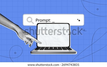 Trendy Halftone Collage Artificial intelligence and digital technology. Hand types in search bar using AI ​​Prompt. AI powered search engine. Generate content. Contemporary vector illustration art