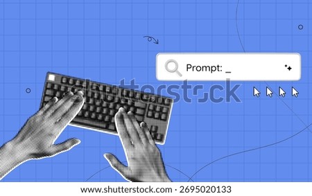 Trendy Halftone Collage Artificial intelligence and digital technology. Hands typing promt on keyboard. AI powered search engine. Generate content. Contemporary vector illustration art