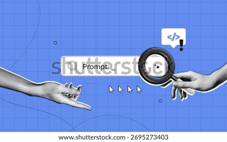 Trendy Halftone Collage Artificial intelligence and digital technology. Hand holding magnifying glass. AI powered search engine. Programming and coding. Contemporary vector illustration art