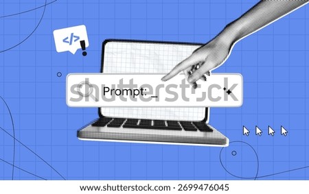 Trendy Halftone Collage Artificial intelligence and digital technology. Hand types in search bar using AI ​​Prompt. AI powered search engine. Generate content. Contemporary vector illustration art