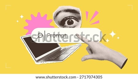 Trendy Halftone Collage Artificial intelligence and digital searching. Hand with search bar using AI Prompt and an astonished eye. AI powered search engine. Generate content. vector illustration