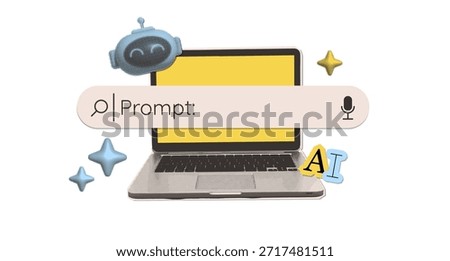 Trendy Halftone Collage Artificial intelligence and digital searching isolated concept. Laptop with search bar and prompt. AI powered search engine. Generate content. Mixed media vintage vector art.