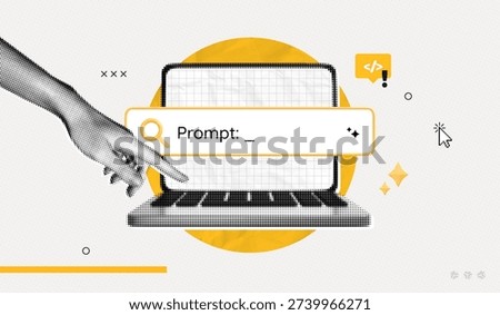 Trendy Halftone Collage Artificial intelligence and digital technology. Hand writes a prompt for AI on laptop. AI powered search engine. Generate content. Contemporary vector illustration art