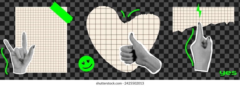 Trendy halftone collage banner with collection of torn notebook papers, hands and stickers
