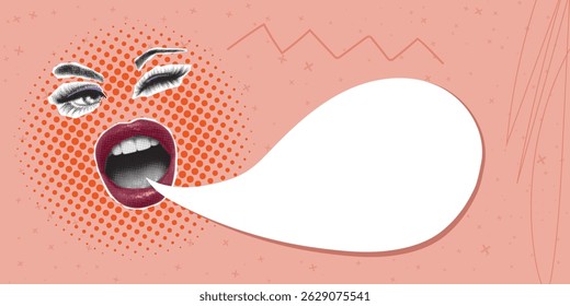 Trendy halftone collage banner with cut out screaming mouth, eyes and speech bubble. Social media announcement. Modern vector design for promotion and marketing.