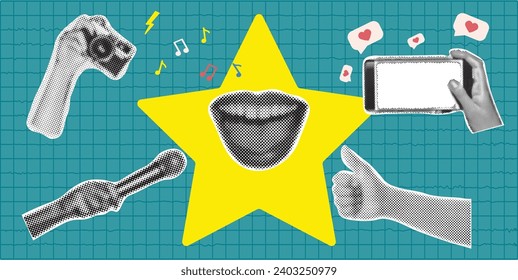 Trendy halftone collage banner. Elements cut out from a magazine, mouth, hand, hands holding camera, microphone. Retro modern design.Vector  illustration