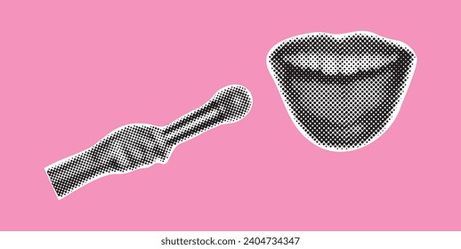 Trendy halftone collage banner. Elements cut out from a magazine, mouth, hand holding microphone. Retro modern design. Isolated on pink background. Vector illustration