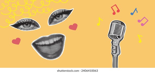 Trendy halftone collage banner. Elements cut out from a magazine, mouth, eyes, microphone. Retro modern design. Vector illustration