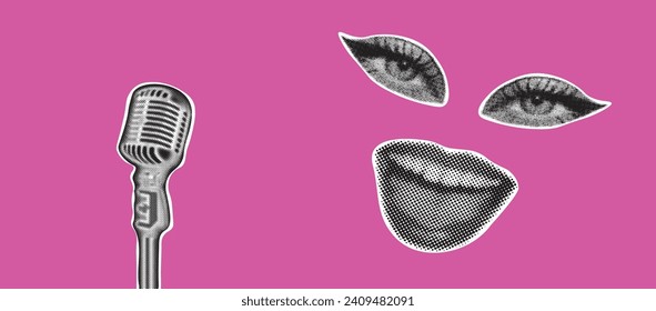 Trendy halftone collage banner. Elements cut out from a magazine, mouth, eyes, microphone. Retro modern design. Vector illustration