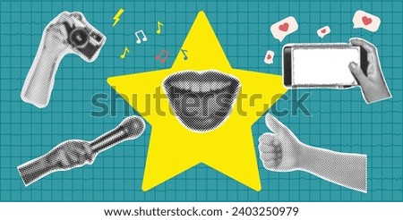 Trendy halftone collage banner. Elements cut out from a magazine, mouth, hand, hands holding camera, microphone. Retro modern design.Vector  illustration