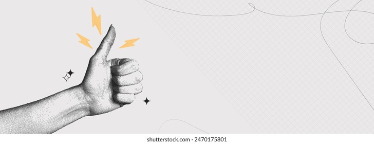 Trendy Halftone Collage banner hand showing thumbs up gesture. Ok sign. Positive feedback with copy space for text. Bitmap brutalism design. Contemporary vector art illustration