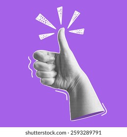 Trendy halftone collage banner with hand showing thumb up gesture. Positive hand sign. Modern retro style. Vector illustration