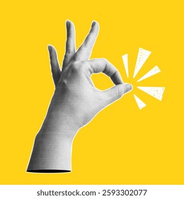 Trendy halftone collage banner with hand showing ok gesture. Positive hand sign. Modern retro style. Vector illustration.
