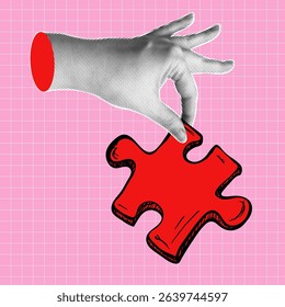 Trendy halftone collage banner with hand holding the piece of jigsaw puzzle. Smart idea and teamwork concept. Contemporary vector illustration
