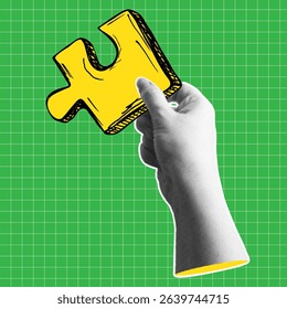 Trendy halftone collage banner with hand holding the piece of jigsaw puzzle. Smart idea and teamwork concept. Contemporary vector illustration