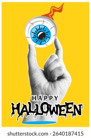 Trendy halftone collage banner with hand holding human eye. Happy Halloween. Contemporary vector illustration	