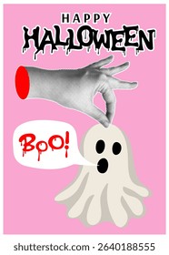 Trendy halftone collage banner with hand holding cute screaming ghost. Happy Halloween. Contemporary vector illustration