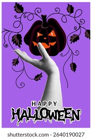 Trendy halftone collage banner with hand holding pumpkin monster. Happy Halloween. Contemporary vector illustration