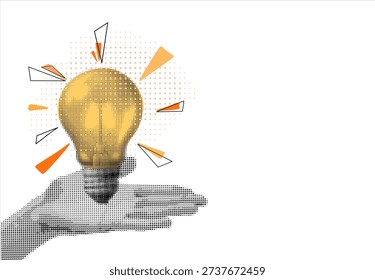 Trendy halftone collage banner hand giving lightbulb. Concept of creative idea or brainstorm. Contemporary vector illustration	