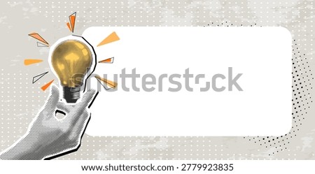 Trendy halftone collage banner hand holding lightbulb, with a frame for your text. Concept of creative idea or brainstorm. Contemporary vector illustration